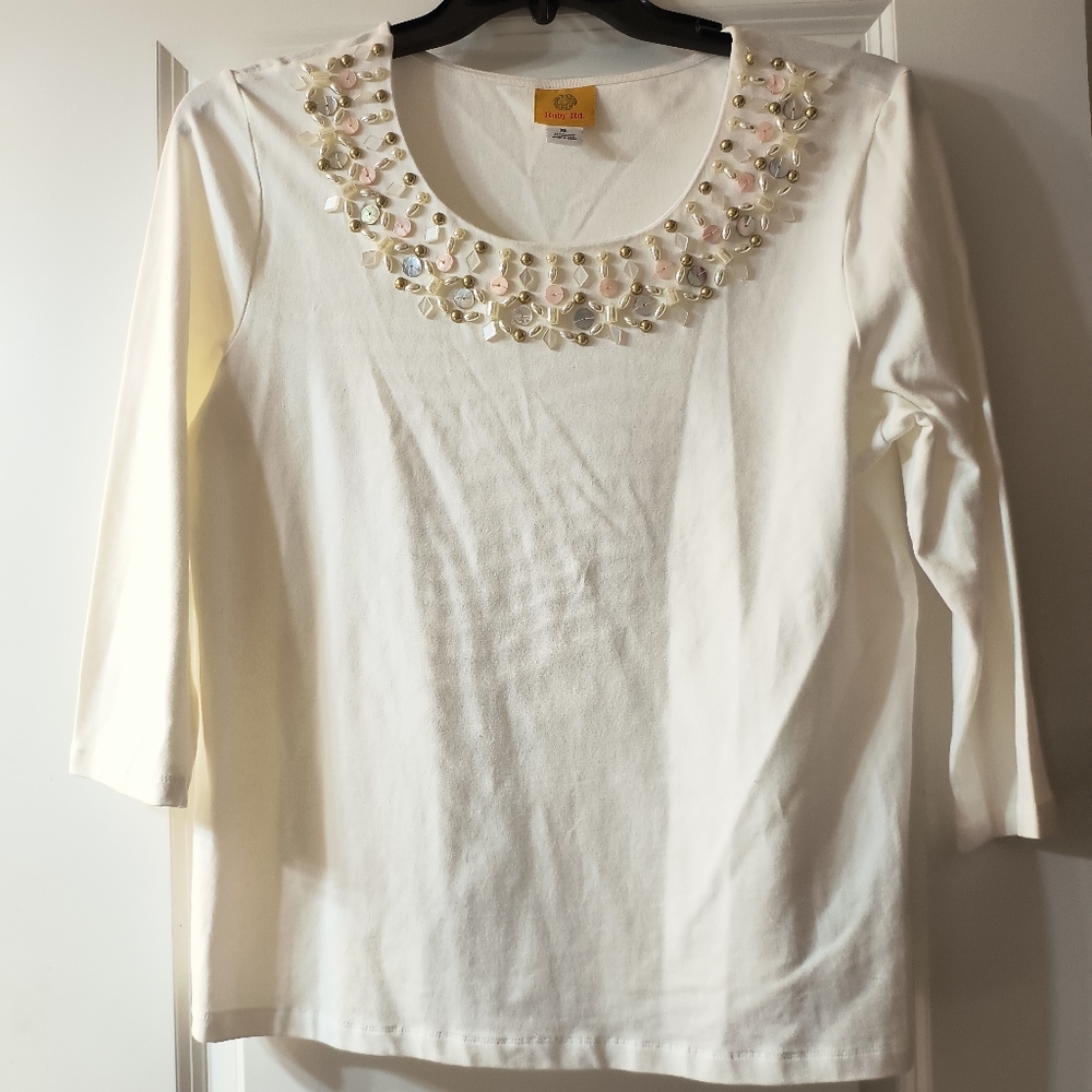 Ruby Rd. Cream Embellished 3/4 Sleeve Blouse